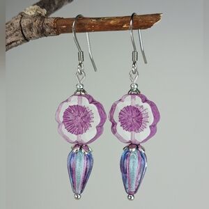 HAND CRAFTED Purple Blue Artisan Glass Flower Dangle Earrings